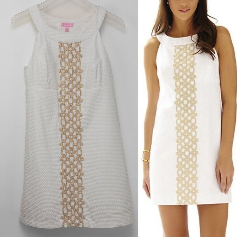Lilly Pulitzer Jacqueline Dress Shift Mini Lace Resort White Metallic Gold 8